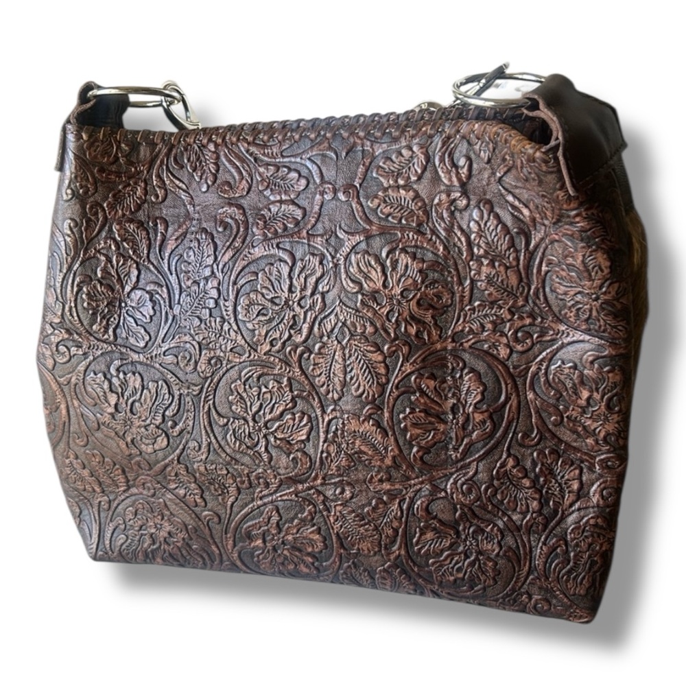 Axis Deer Hide Tooled Leather Tote Upcycled Louis Vuitton Inserts - Picture 9 of 17